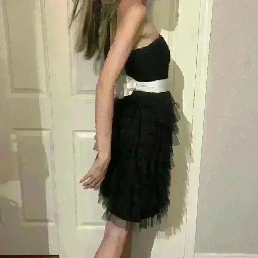 Vintage Betsey Johnson Black Strapless Corset Dress Tulle Ruffle Mesh Bow Size 0 - Picture 4 of 15